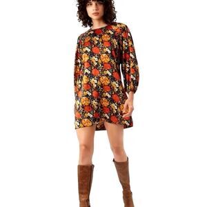 Traffic People London Mini Dress Size S Floral Puff Sleeve Navy Orange Vibrant